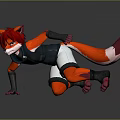 Red Fox Game Character In Black White Outfit With Blue Luminous Accents Crouching Pose