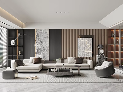 Modern Living Room Interior Design With Sofa Coffee Table Wall Decor And Large Windows 3d model