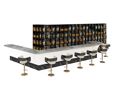 Modern Bar Interior Design With Marble Countertop Shelves Bottles And High Stools 3d model