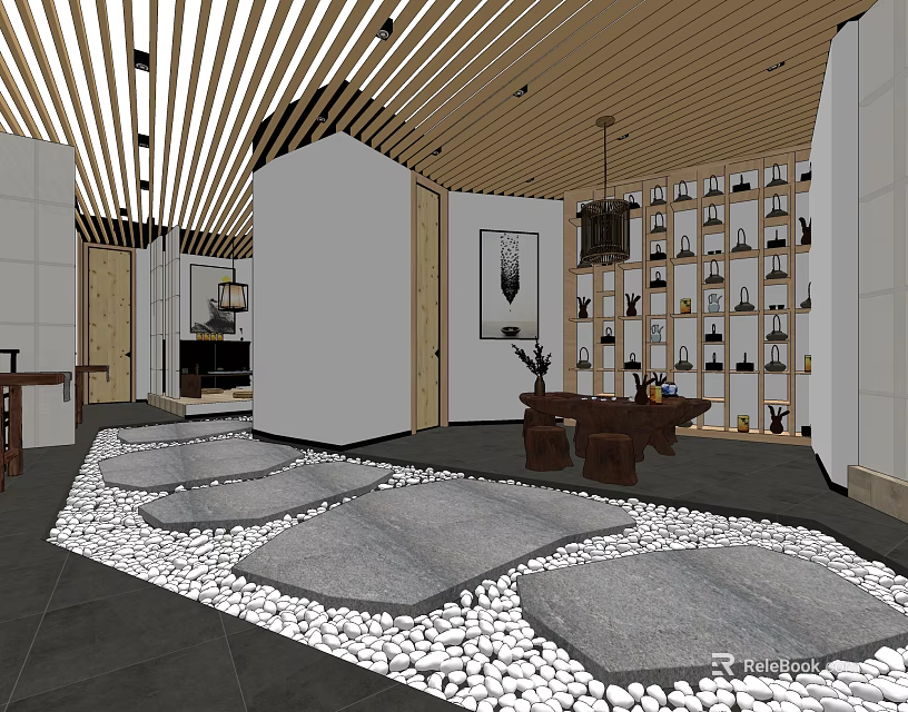 Traditional Chinese Tea House Interior With Wooden Ceiling Tea Sets And Stone Pathway Design 3d model 