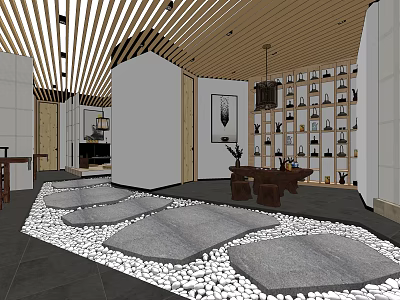 Traditional Chinese Tea House Interior With Wooden Ceiling Tea Sets And Stone Pathway Design 3d model