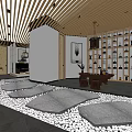 Traditional Chinese Tea House Interior With Wooden Ceiling Tea Sets And Stone Pathway Design