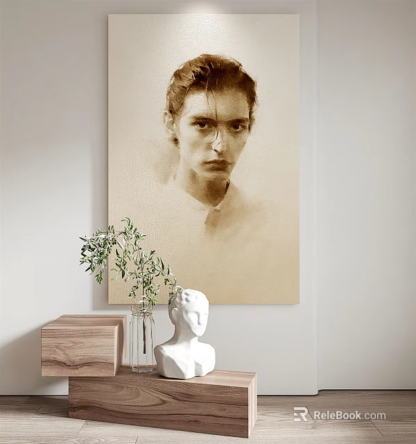 Portrait Painting Interior Decor with Light Background Wooden Cabinet Green Plant and White Sculpture 3d model 