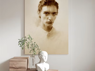 Portrait Painting Interior Decor with Light Background Wooden Cabinet Green Plant and White Sculpture 3d model