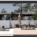 Tranquil Courtyard Garden With White Wall Wooden Deck Outdoor Dining Table Umbrella And Green Trees