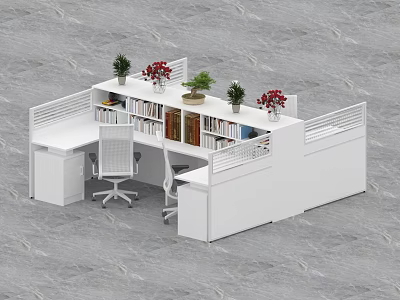 Modern Office Desk And Chair Set With White Partition Bookshelf And Potted Plants 3d model