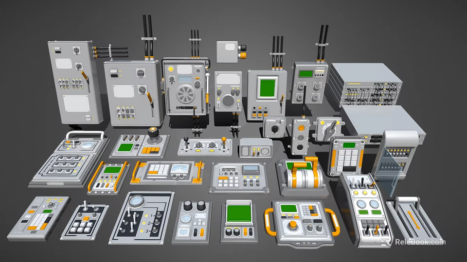 Various Types Of Modern Switch Panels With Functional Controls Digital Displays And Technical Features 3d model 