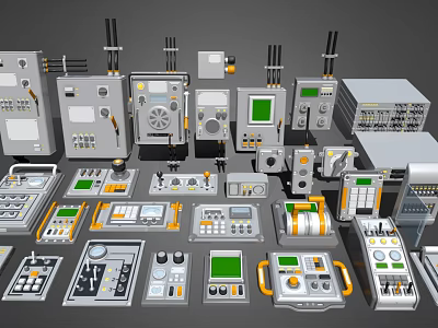 Various Types Of Modern Switch Panels With Functional Controls Digital Displays And Technical Features 3d model