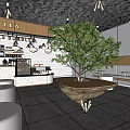 Modern Cafe Interior With Open Space Large Green Tree Counter And Seating Area