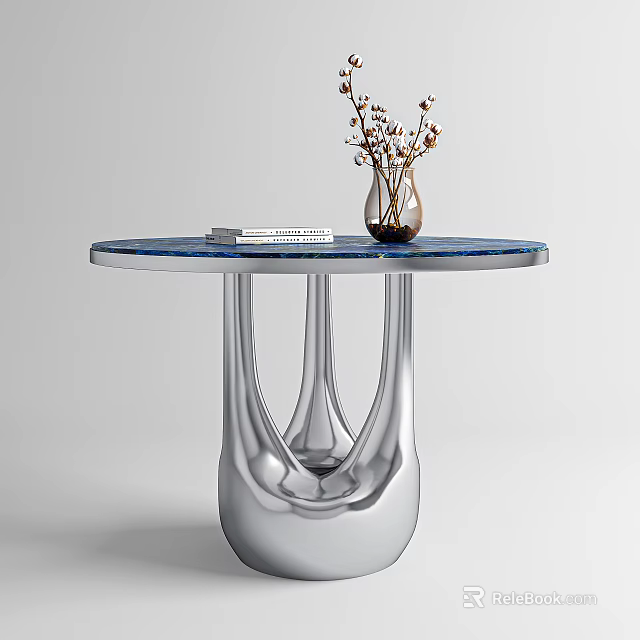 Modern Side Table With Round Blue Top Silver Metal Curved Legs And Vase Flowers Books 3d model 