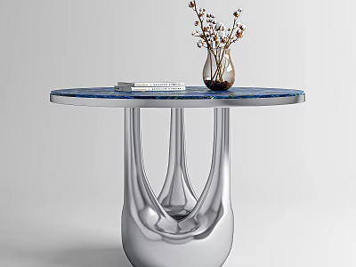 Modern Side Table With Round Blue Top Silver Metal Curved Legs And Vase Flowers Books 3d model