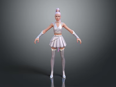 Woman With Pink Hair In White Crop Top And Short Skirt Standing With Arms Outstretched 3d model