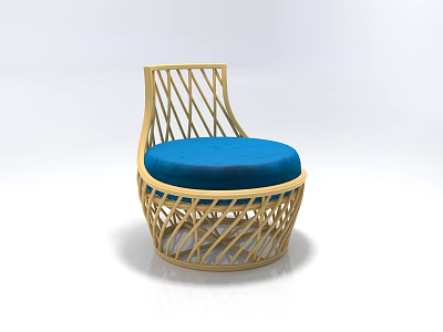 Stylish Single Chair With Golden Woven Frame And Blue Seat Cushion 3d model