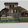 Traditional Garden Landscape With Stone Courtyard Red Maple Tree And Wooden Architecture