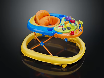 Colorful Baby Walker With Yellow Frame Blue Orange Panel And Interactive Toy Buttons 3d model
