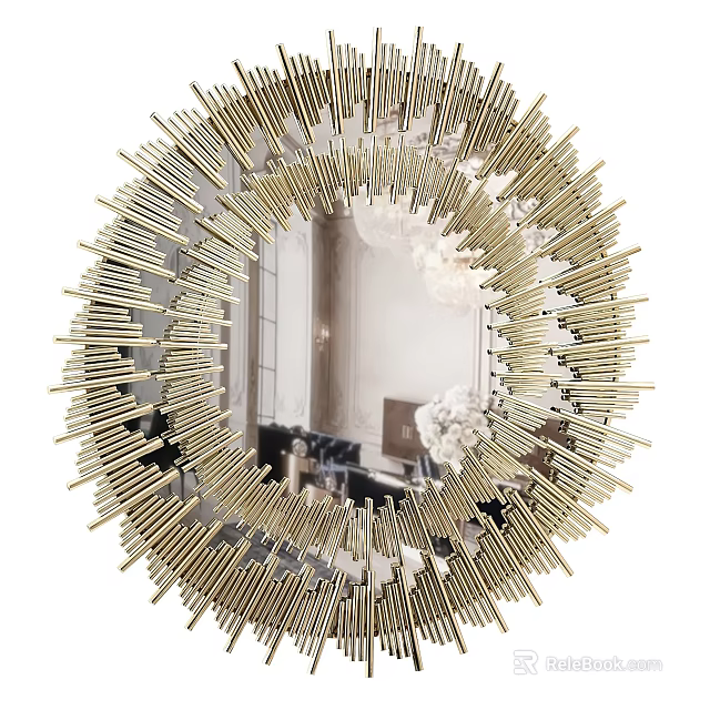 Circular Gold Mirror With Starburst Radiant Frame Reflecting Elegant Interior With White Flowers And Furniture 3d model 