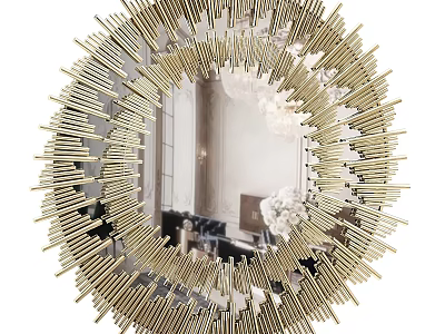 Circular Gold Mirror With Starburst Radiant Frame Reflecting Elegant Interior With White Flowers And Furniture 3d model