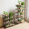 Multi Tiered Indoor Flower Stand With Metal Wood Shelves And Green Plants