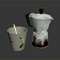 Daily Life Essentials Ceramic Coffee Mug With Stirrer And Rustic Moka Pot 3d model