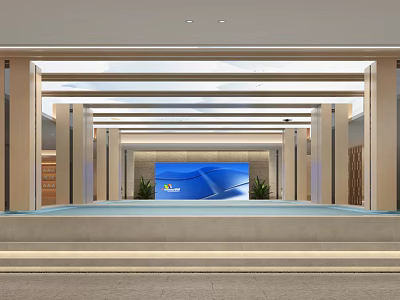 Modern SPA Sauna Interior Design With Columns Platform Pool And Plants 3d model