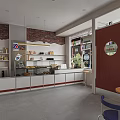 Modern Cafe Interior With Red Door Windows Brick Wall Posters And Blue Chairs