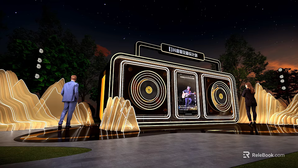 Modern Neon Light Installation With Circular Screens And Night Scene Design 3d model 