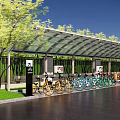 Modern Bicycle Parking Lot With Covered Roof Green Trees Signs And Bicycles