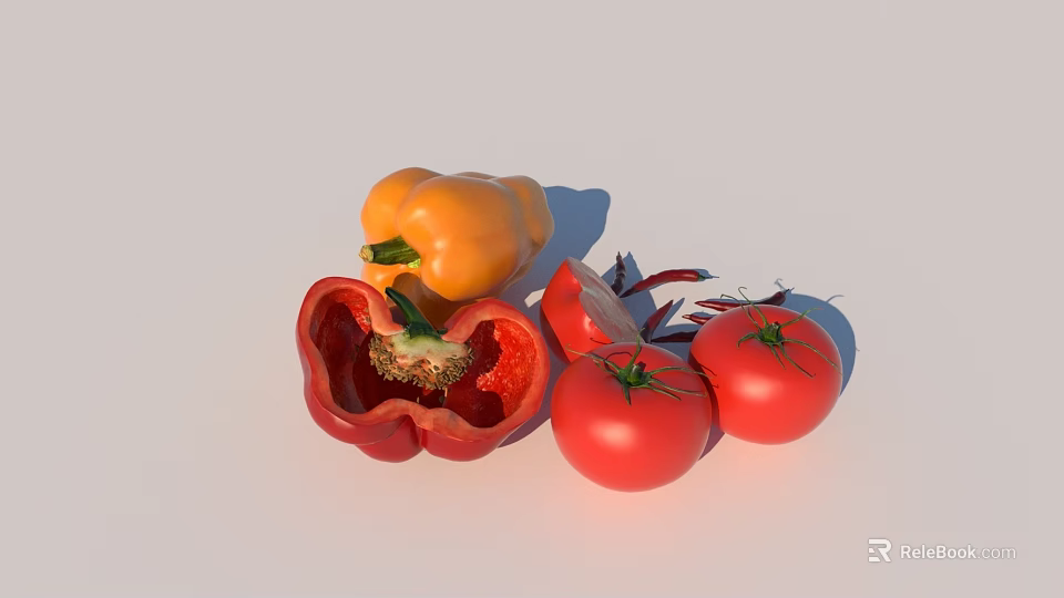 Fresh Vibrant Sliced And Whole Bell Peppers With Ripe Red Tomatoes On White Background 3d model 
