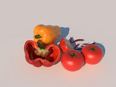 Fresh Vibrant Sliced And Whole Bell Peppers With Ripe Red Tomatoes On White Background 3d model