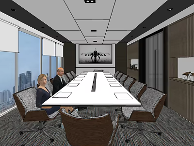 Modern Conference Room With Long Table City View Large Screen And Chairs 3d model