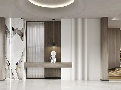 Modern Entryway Hallway Featuring Striped Wall Panels Marble Accents And Circular Ceiling Light 3d model