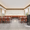 Bright Restaurant Interior With Large Windows Orange Chairs White Tables And Food Menu Boards