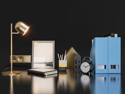 Other Home Office Desk Items With Gold Lamp Notebook Alarm Clock And Blue Folders 3d model