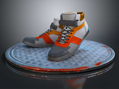 Stylish High Top Shoes Gray White Orange with Spliced Design and Laces on Metal Platform 3d model