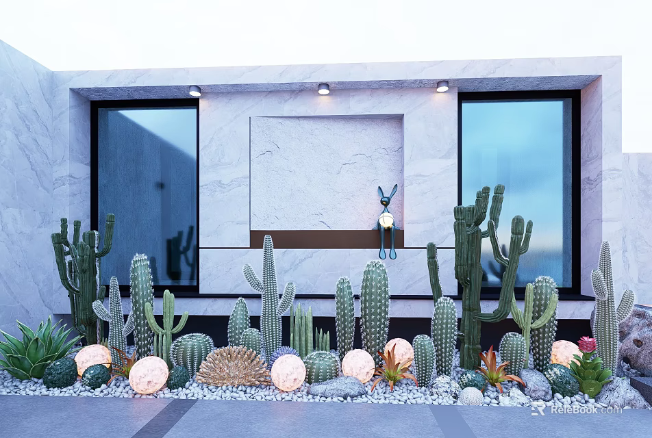 Outdoor Bonsai Potted Plants With Cactus Succulents And Decorative Lights By Marble Wall 3d model 