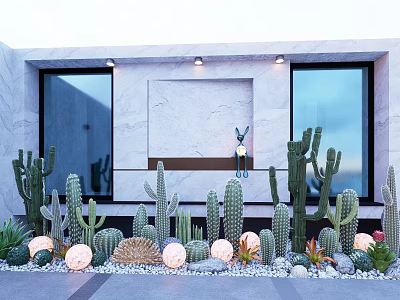 Outdoor Bonsai Potted Plants With Cactus Succulents And Decorative Lights By Marble Wall 3d model