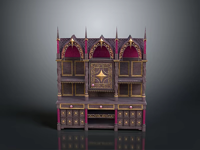 Gothic Style Display Cabinet With Purple Gold Accents Intricate Carvings Spires Shelves And Drawers 3d model