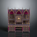 Gothic Style Display Cabinet With Purple Gold Accents Intricate Carvings Spires Shelves And Drawers