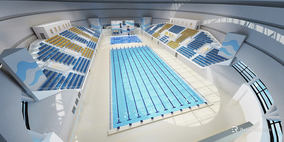 Modern Indoor Swimming Pool With Large Main Pool And Blue Yellow Spectator Seats 3d model 