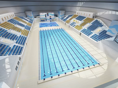 Modern Indoor Swimming Pool With Large Main Pool And Blue Yellow Spectator Seats 3d model