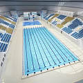 Modern Indoor Swimming Pool With Large Main Pool And Blue Yellow Spectator Seats