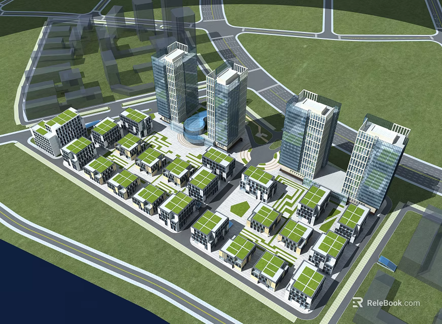 Modern Office Buildings Complex With High Rise Towers Low Rise Structures And Green Rooftops 3d model 