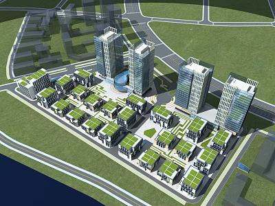 Modern Office Buildings Complex With High Rise Towers Low Rise Structures And Green Rooftops 3d model
