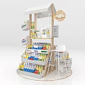 Commercial Retail Display Shelf with Beverage Bottles White Packaged Boxes Flower Bouquet and Promotion Signs