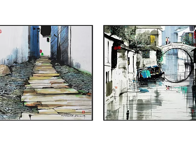 Traditional Chinese Landscape Painting With Stone Path White Walls Arch Bridge Boat And Water Reflection 3d model