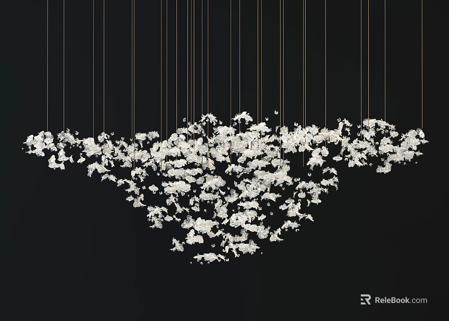 Stylish Chandelier with White Flower Shaped Decorations Hanging on Golden Thin Wires Against Black Background 3d model 