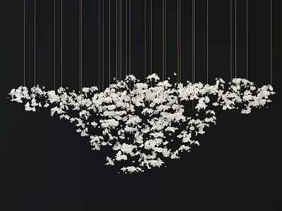 Stylish Chandelier with White Flower Shaped Decorations Hanging on Golden Thin Wires Against Black Background 3d model