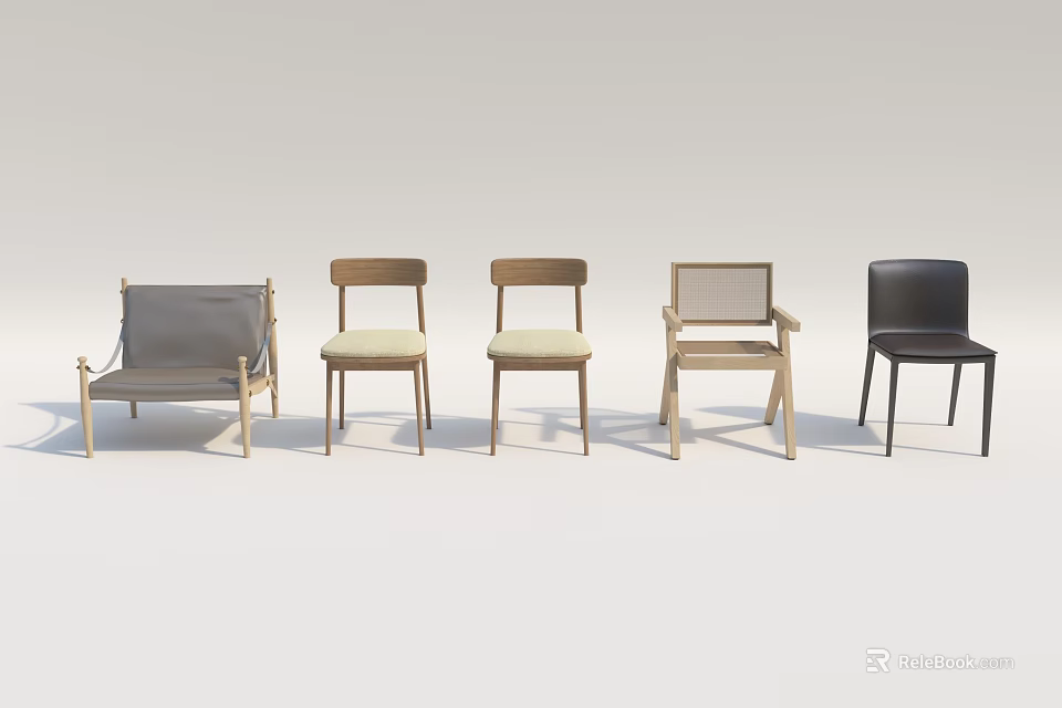 Five Modern Leisure Chairs With Wooden Frames And Various Design Details 3d model 