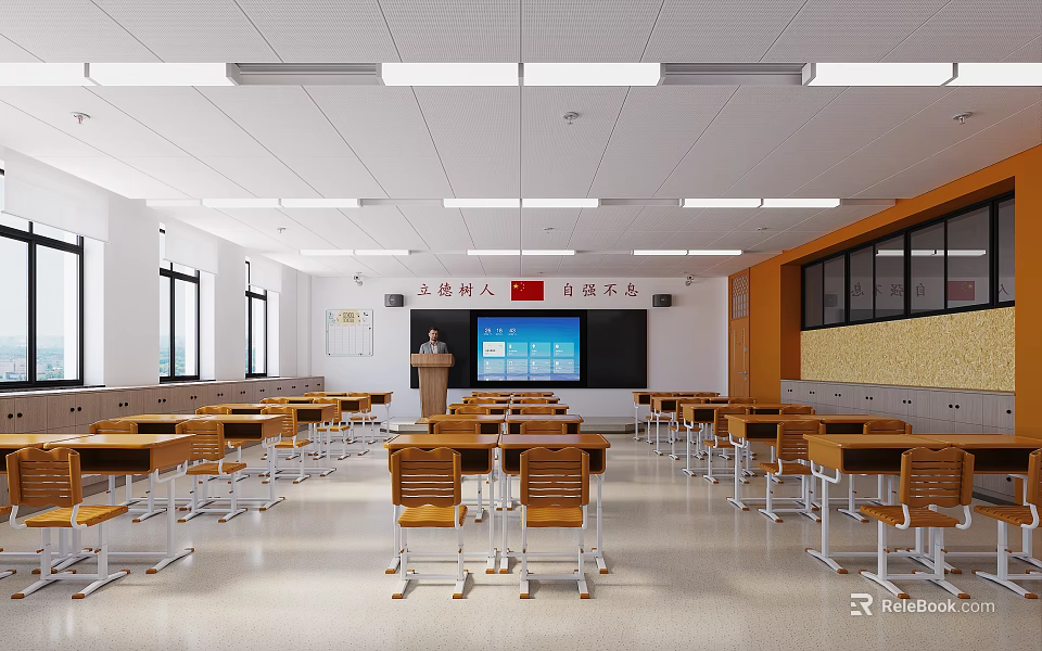 School Classroom With Wooden Desks Teacher's Platform Blackboard Windows And Bright Lighting 3d model 