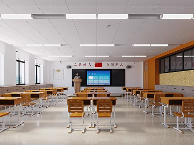 School Classroom With Wooden Desks Teacher's Platform Blackboard Windows And Bright Lighting 3d model